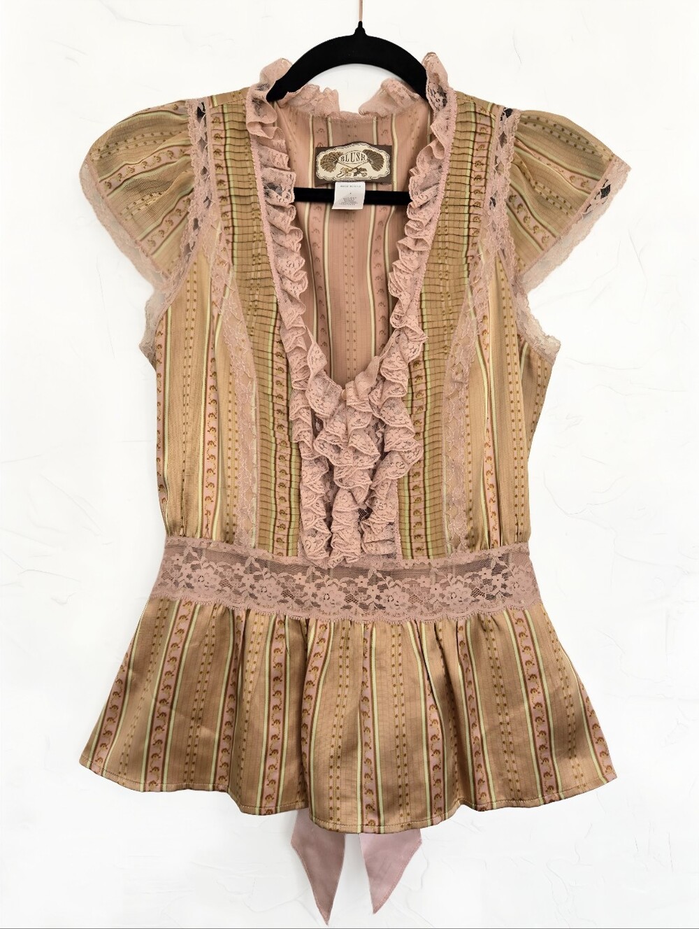 BLUSH James Coviello Silk Lacy Ruffle Y2k Peplum Tie Back Top, 4